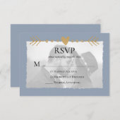 Stoffig Blauw Moderne Foto Gouden Harten RSVP Kaartje (Voorkant / Achterkant)