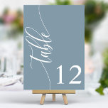 Stoffig Blauw Moderne Kalligrafie Bruiloft Kaart<br><div class="desc">Leid uw gasten naar hun stoelen met deze chique elegante stoffige blauwe trouwtafelnummers. Met een minimalistisch ontwerp met moderne kalligrafie, voegen deze tafelnummers een vleugje verfijning toe aan uw huwelijksreceptie. De zachte achtergrond en de schone, elegante typografie zorgen voor eenvoudige leesbaarheid en verbeteren tegelijkertijd uw bruiloft decor. Perfect voor elk...</div>