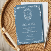 Stoffig Blauw Monogram Bloemen  Crest Bruiloft Save The Date