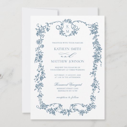 Stoffig Blauw Monogram Elegant  Lijst Bruiloft Kaart (Voorkant)