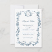 Stoffig Blauw Monogram Elegant Lijst Bruiloft Save The Date (Voorkant)
