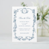 Stoffig Blauw Monogram Elegant Lijst Bruiloft Save The Date (Staand voorkant)