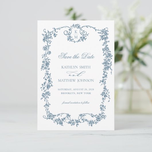 Stoffig Blauw Monogram Elegant  Lijst Bruiloft Save The Date (Staand voorkant)