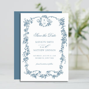 Stoffig Blauw Monogram Elegant  Lijst Bruiloft Save The Date