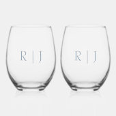 Stoffig Blauw Monogram Initialen Minimal Bruiloft Wijnglas Zonder Voet (Voorkant)