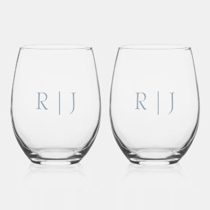 Stoffig Blauw Monogram Initialen Minimal Bruiloft Wijnglas Zonder Voet