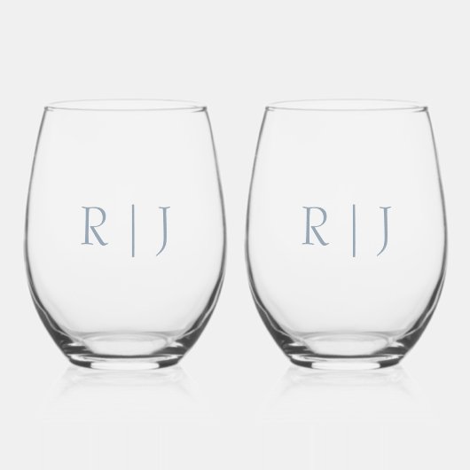 Stoffig Blauw Monogram Initialen Minimal Bruiloft Wijnglas Zonder Voet (Voorkant)