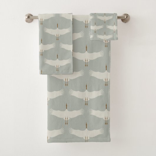 Stoffig Blauw Neutraal Vogelkranen Art Deco Bad Handdoek (Insitu)