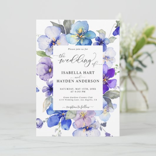 Stoffig Blauw Paarse Bloemen Alles In 1 QR Code Br Kaart (Staand voorkant)