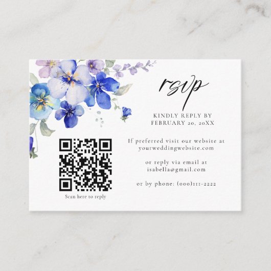 Stoffig Blauw Paarse Bloemen QR Code Bruiloft RSVP Informatiekaartje (Voorkant)