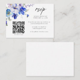 Stoffig Blauw Paarse Bloemen QR Code Bruiloft RSVP Informatiekaartje