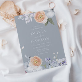 Stoffig Blauw & Perzik Modern Elegant Bruiloft Kaart