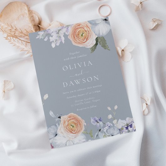 Stoffig Blauw & Perzik Modern Elegant Bruiloft Kaart