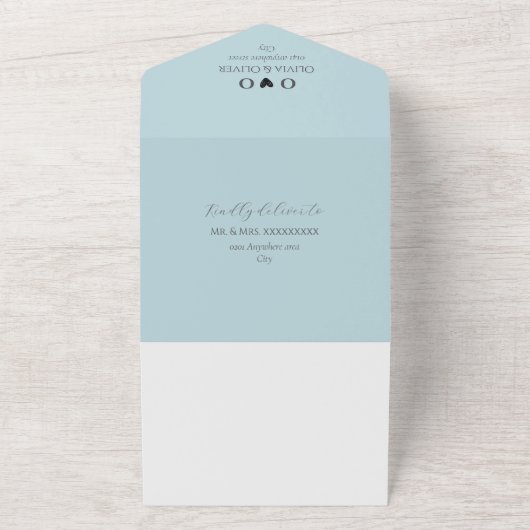 Stoffig blauw QR code bruiloft All In One Uitnodiging (Buitenkant)