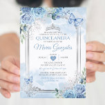 Stoffig Blauw Quinceañera Zilveren Kroonvlinder Kaart<br><div class="desc">Quinceañera Dusty Blue & Silver Crown Mexicaanse Vlinder uitnodiging Mis Quince 15 Anos,  16e verjaardag, </div>