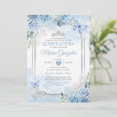 Stoffig Blauw Quinceañera Zilveren Kroonvlinder Kaart (Staand voorkant)