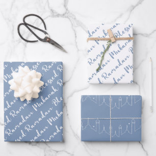 Stoffig Blauw Ramadan Kalligrafie Masjid Patroon Inpakpapier Vel