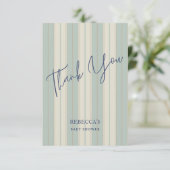 Stoffig blauw retro strepen  baby shower bedankkaart (Staand voorkant)