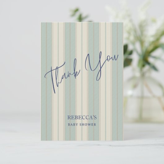 Stoffig blauw retro strepen  baby shower bedankkaart (Staand voorkant)