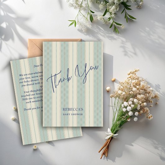 Stoffig blauw retro strepen  baby shower bedankkaart