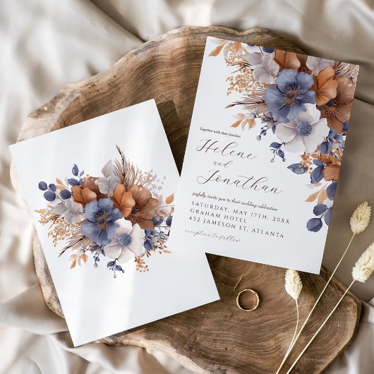 Stoffig Blauw Roest Waterverf Floral Elegant Huwel Kaart