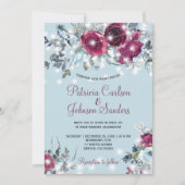 Stoffig blauw rood bordeauxrood bloemen winter bru kaart (Voorkant)