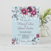 Stoffig blauw rood bordeauxrood bloemen winter bru kaart (Staand voorkant)