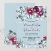 Stoffig blauw rood bordeauxrood bloemen winter bru kaart (Voorkant / Achterkant)