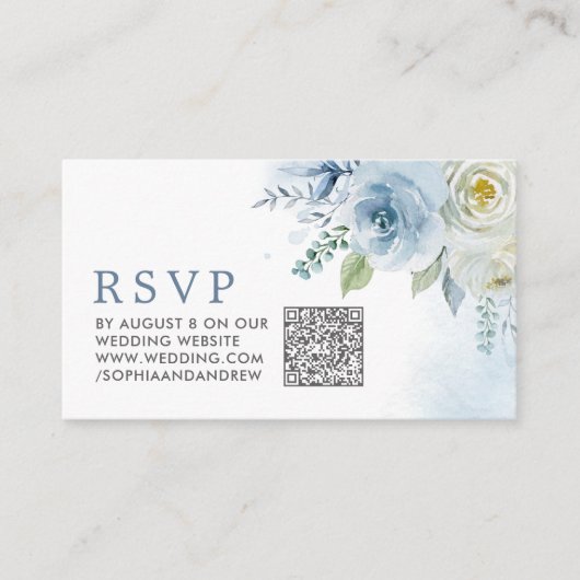 Stoffig Blauw Roos Bloemen Bruiloft QR Code RSVP Informatiekaartje (Voorkant)