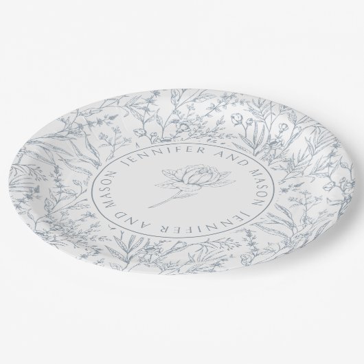 Stoffig blauw roos bloemenpatroon bruiloft papier  papieren bordje (Gekanteld)