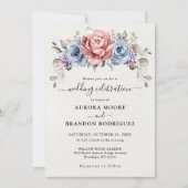 Stoffig Blauw Roos Goud Koraal Paarse Bruiloft Kaart (Voorkant)