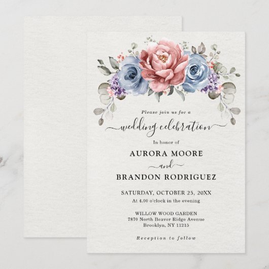 Stoffig Blauw Roos Goud Koraal Paarse Bruiloft Kaart (Voorkant / Achterkant)