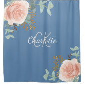 Stoffig blauw roos gouden bloemengroen monogram na douchegordijn (Voorkant)