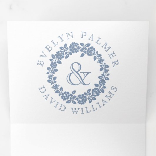  stoffig blauw roos met witte bruiloft drieluik uitnodiging (Binnenzijde eerst)