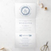  stoffig blauw roos met witte bruiloft drieluik uitnodiging (Binnen)