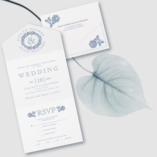  stoffig blauw roos op witte bruiloft al all in one uitnodiging