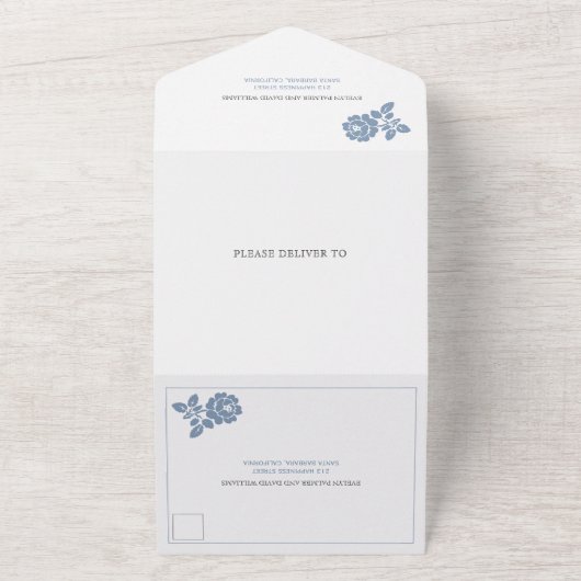  stoffig blauw roos op zwarte bruiloft all in one uitnodiging (Buitenkant)