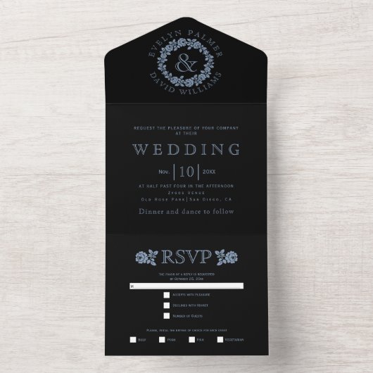  stoffig blauw roos op zwarte bruiloft all in one uitnodiging (Binnen)