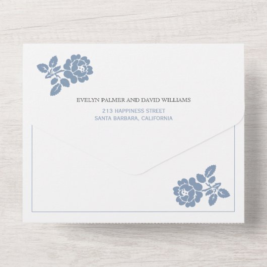  stoffig blauw roos op zwarte bruiloft all in one uitnodiging (Achterkant)