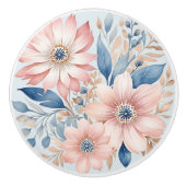 Stoffig Blauw Roze Bloemen Beige Boho Bloemen Keramische Knop (Voorkant)