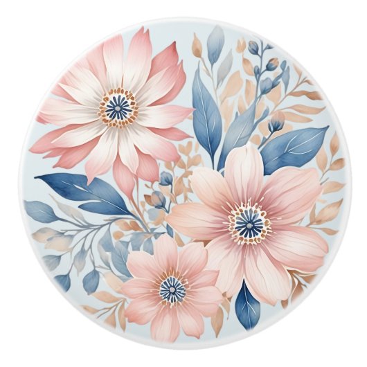 Stoffig Blauw Roze Bloemen Beige Boho Bloemen Keramische Knop (Voorkant)