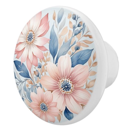 Stoffig Blauw Roze Bloemen Beige Boho Bloemen Keramische Knop (Rechts)