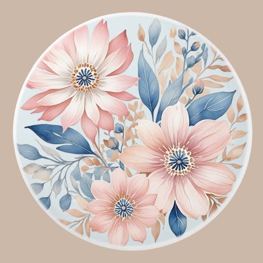 Stoffig Blauw Roze Bloemen Beige Boho Bloemen Keramische Knop