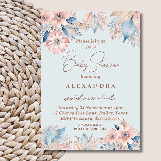 Stoffig Blauw Roze Bloemen Boho Chic Baby shower Kaart