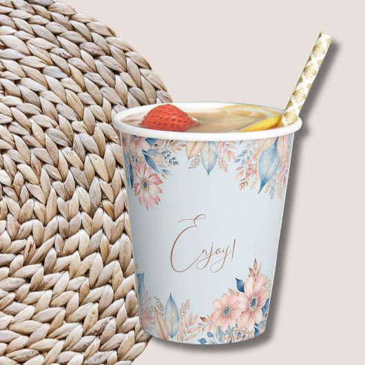 Stoffig Blauw Roze Bloemen Boho Chic Baby shower Papieren Bekers