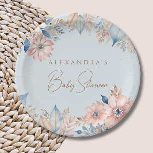 Stoffig Blauw Roze Bloemen Boho Chic Baby shower Papieren Bordje