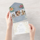 Stoffig Blauw Roze Bloemen Foto's Huwelijksuitnodi All In One Uitnodiging (Afscheurbaar)