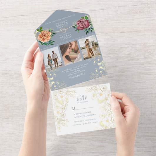 Stoffig Blauw Roze Bloemen Foto's Huwelijksuitnodi All In One Uitnodiging (Afscheurbaar)