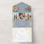 Stoffig Blauw Roze Bloemen Foto's Huwelijksuitnodi All In One Uitnodiging (Binnen)