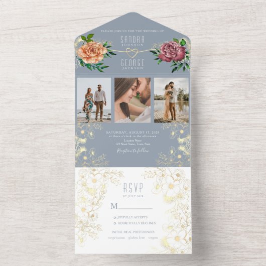 Stoffig Blauw Roze Bloemen Foto's Huwelijksuitnodi All In One Uitnodiging (Binnen)